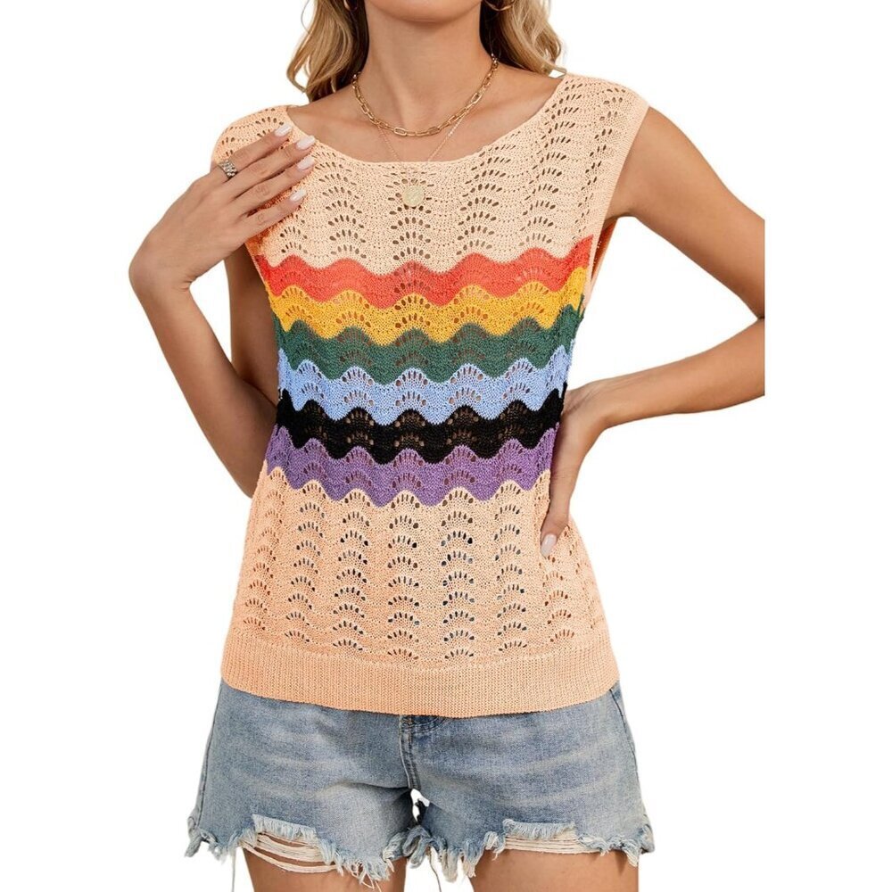 Takeyal Women Light Khaki Sleeveless Crochet Tank Casual Summer Striped Sweater